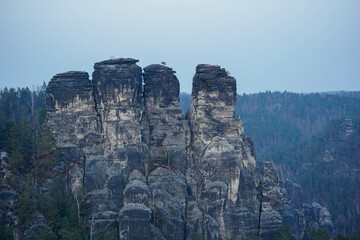 Massive rock formations stand tall against a backdrop of dense forest