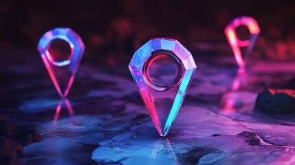 Crystal and glass-textured location pins and markers with transparent background - 3D rendered map neon pointers