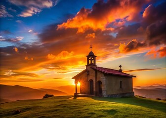 Silhouette of Hermitage of Regalina & Asturian Horreos at Sunset, Cadavedo, Asturias, Spain