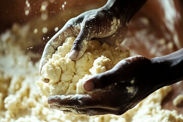 Fototapeta premium A close-up of hands kneading dough, showing the shape being formed by an African American man's hands in his home kitchen, with focus on texture and light from natural daylight.