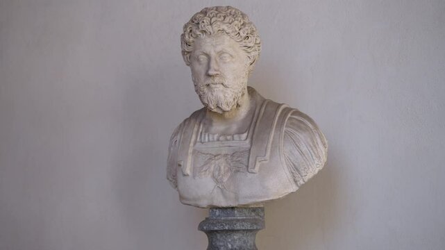 Slow zoom in on the ancient carved roman bust of stoic philosopher and emperor of Rome, Marcus Aurelius.