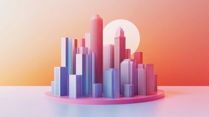 A 2d illustration of a cityscape with 3d skyscrapers emerging from the flat design, creating a...