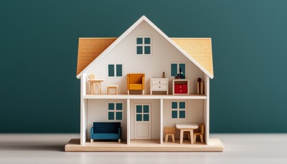 Wooden Dollhouse Model with Colorful Furniture and Stylish Design