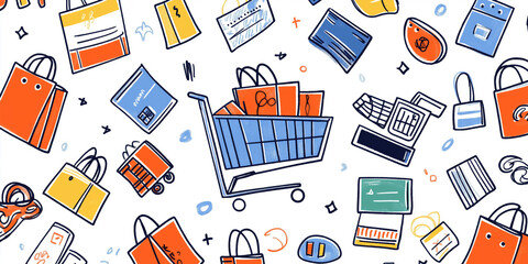 Flat-lay doodle style illustration of an e-commerce concept with shopping bags, a credit card, a tablet, and doodle-style cart and delivery icons.