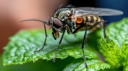 Macro view of housefly on green leaf in summer garden landscape. National Pest Management Month