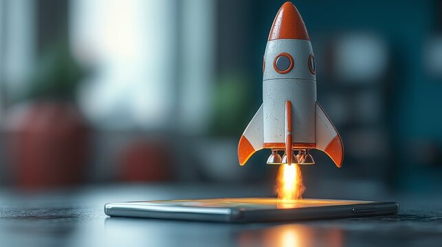 A miniature rocket taking off from a smartphone, highlighting the intersection of technology and imagination in a visually engaging and playful manner.