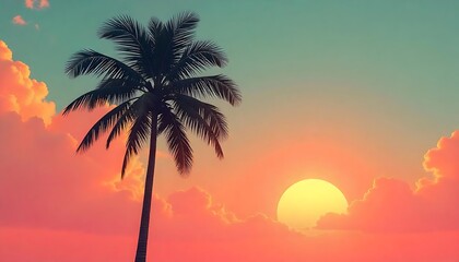 Obraz premium Vibrant tropical stylized palm tree silhouette against a dramatic gradient sunset sky with soft fluffy clouds, concept for summer vacation promotion, travel agency advertisement and exotic