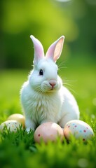 White bunny sitting amidst speckled eggs on lush green grass , grass, candy