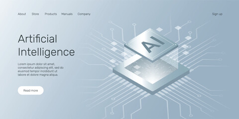 Web banner with AI chip isometric view, technology, Innovation, machine learning, neural network, Artificial Intelligence (AI) landing page concept.