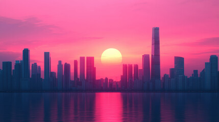 Fototapeta premium A vibrant sunset casts a pink hue over a skyline filled with modern skyscrapers, reflecting beautifully on the water below.