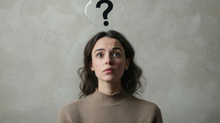 A woman in contemplation with a thought bubble of uncertainty