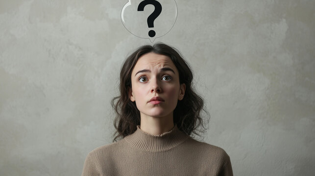 A woman in contemplation with a thought bubble of uncertainty