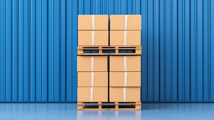 Stacked Cardboard Boxes on Wooden Pallet Against Blue Background