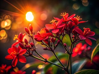 Silhouette of Tiny Red Jatropha Integerrima Flowers Close-Up - Botanical Photography