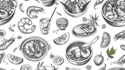 Hand-drawn rough pattern of popular Thai dishes like beef salad, Pad See Ew, and coconut ice cream. Vector isolated on white background for restaurant banners