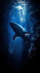 Fototapeta premium Majestic shark swims deep ocean sunlight