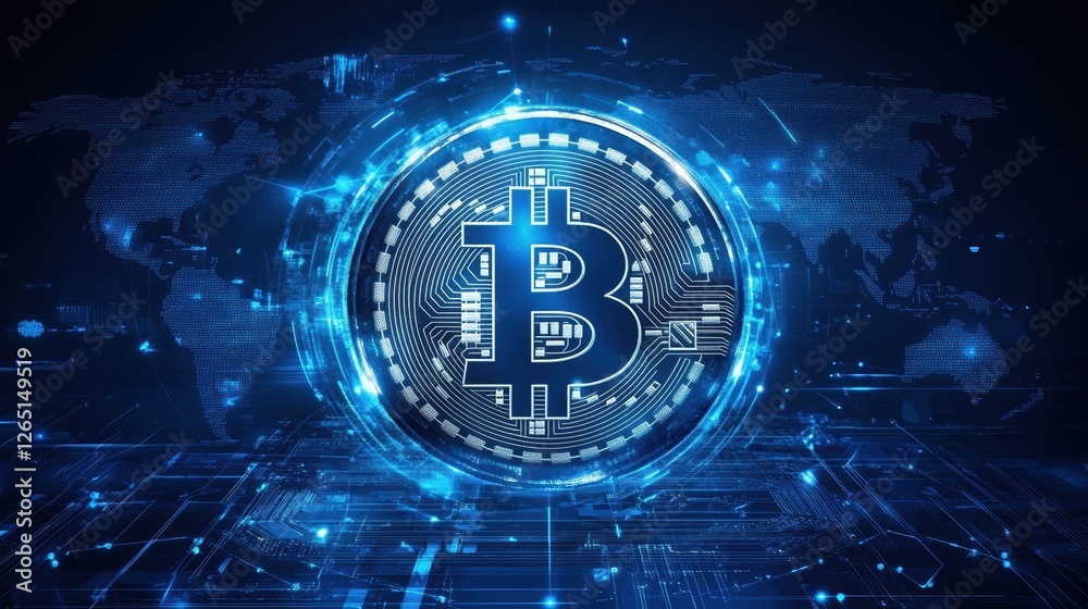 Poster blockchain technology futuristic hud background with world globe and blockchain polygon peer to peer