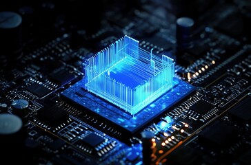 Fototapeta premium Illuminated Blue Processor Chip Glowing on Dark Circuit Board with High-Tech Aesthetic