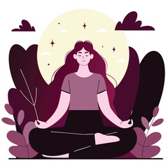 A serene illustration depicting an african woman meditating amidst greenery under a starry sky, embodying peace and harmony with nature.