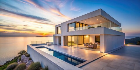 Sun-drenched limestone villa, minimalist design, panoramic sea view; long exposure captures serene beauty.