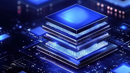 Stunning Blue Electronic Chips Layered on Circuit Board with Futuristic Glow