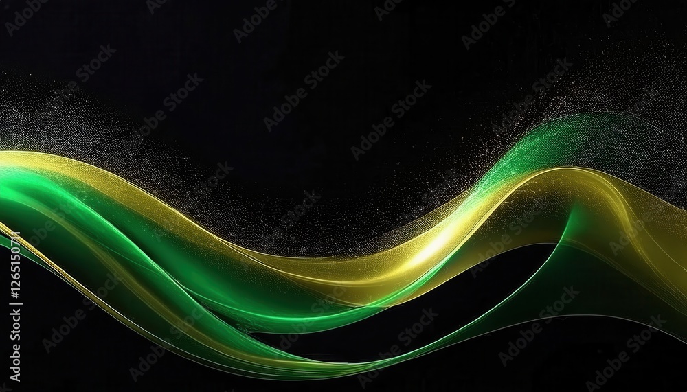 Leinwandbilder flowing green and yellow abstract wave with particle texture on black background for digital design 