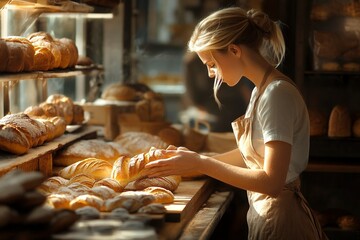 A female baker, wearing a white apron and black dress, is taking out fresh bread from a tray on a bakery counter. She is working on a food product for a commercial advertising shoot