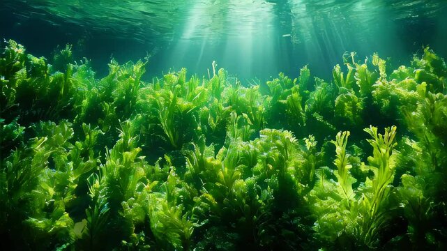 A beautiful underwater kelp forest illuminated by sun rays, creating a mesmerizing aquatic landscape with swaying green plants