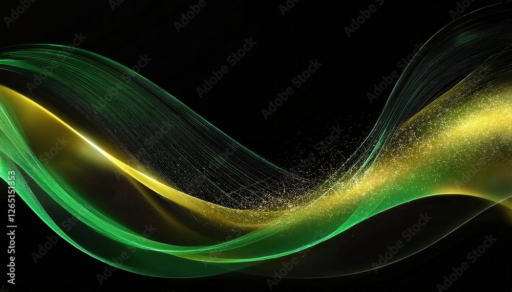 Leinwandbilder flowing green and yellow abstract wave with particle texture on black background for digital design 