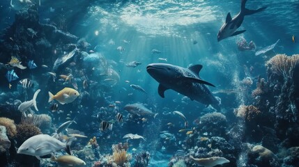 Fototapeta premium Underwater Aquarium Scene, Sharks & Fish, Coral Reef, Sunlight, Educational