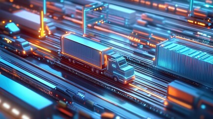 Dynamic Delivery Truck Navigating a Neon Cityscape with Futuristic Vibes