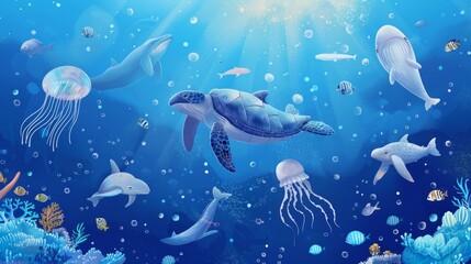 Marine underwater world with fish, dolphins and jellyfish on a blue background, creating an atmosphere of calm and beauty of the underwater world, useful for educational materials