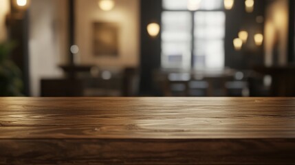 Creative blurry wallpaper with wooden desk and blurred cafe or restaurant interior. Mock up