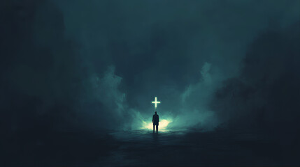 Fototapeta premium Silhouette of man in the dark with lit cross, faith in action. You are the light of the world. Jesus is the way and light.