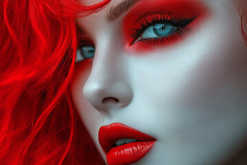 Fototapeta premium Woman with makeup in red cherry color, makeup ideas, red makeup, flawless skin, beauty industry, fashion makeup, makeup inspiration, makeup close-up