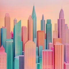Naklejka premium A colorful, surreal cityscape features towering skyscrapers in pastel shades of pink, orange, and teal. The skyline is set against a warm, gradient sunset sky.