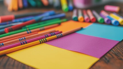Colorful Art Supplies on Wooden Table for Creative Craft Activities