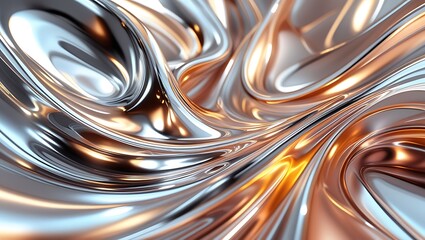 Hypnotic 3D liquid metal swirl in chrome, silver, and gold with dynamic reflections, smooth fluid movements, and a futuristic high-tech abstract aesthetic.