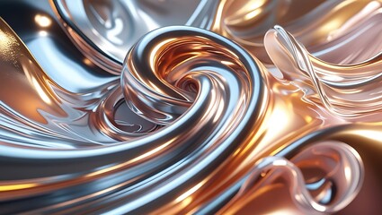 Hypnotic 3D liquid metal swirl in chrome, silver, and gold with dynamic reflections, smooth fluid movements, and a futuristic high-tech abstract aesthetic.