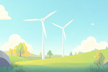 Fototapeta premium Wind turbines in sunny day illustration, renewable energy, green energy, wind power, solar energy, alternative energy, eco-friendly, earth-friendly