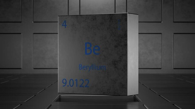 Rotation of metal cube showing chemical element. Design of chemical element beryllium showing element name, atomic weight and number. Beryllium as an element of the periodic table.