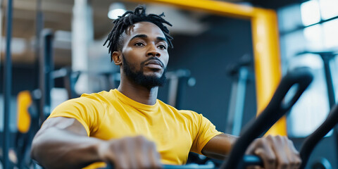 Black Man Using Rowing Machine in Gym