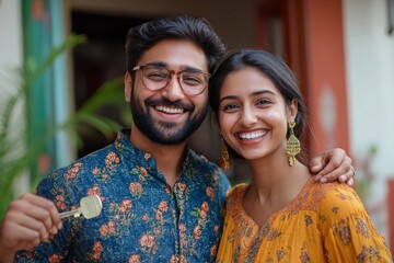 Naklejka premium Excited young indian husband and wife showing keys from their new apartment, enjoy buying own home, standing in room interior, copy space. Mortgage real estate