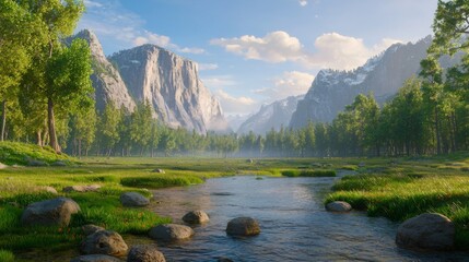 Serene Landscape with Mountains and Clear Stream Surrounded by Lush Greenery in Bright Morning Light