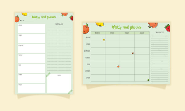 Minimalist Weekly Meal planner and Shopping list.Vector Templates A4