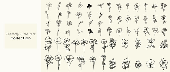 Elegant wedding logos with minimalist black line art violets, hand-drawn botanical floral branches with leaves, trendy floral set for stationery, wedding herbs, floral design.