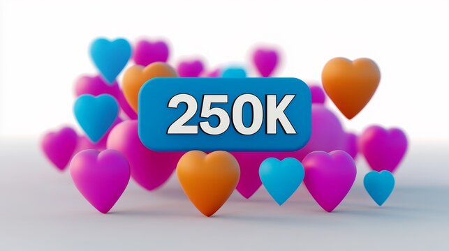 3D Blue Social Media 250K Notification With Colorful Hearts Banner, Award, Subscribers