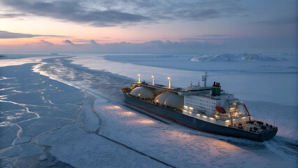 LNG vessel breaking through ice in arctic waters, showcasing beautiful winter scenery
