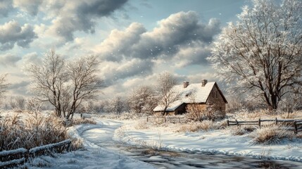 winter rural scene with snow and frozen trees