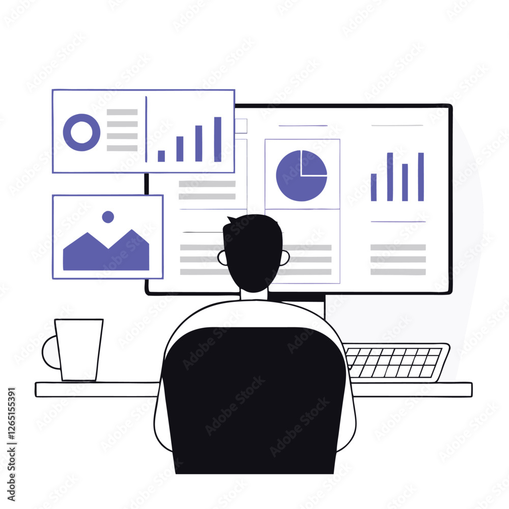 Poster a person engaged in data analysis sits at a desk with visual graphs on a monitor. the style is moder